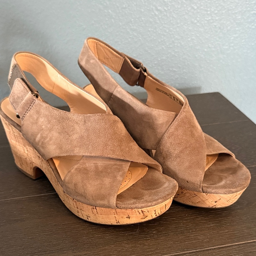 Clarks Tan Suede Wedge Sandals